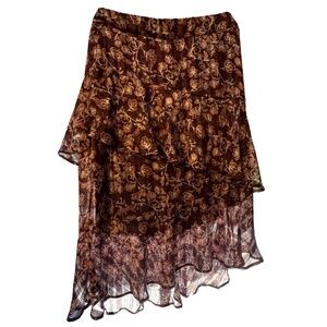 Knox Rose‎ Floral Boho Midi Skirt Maroon Ruffle Hem Cottagecore Prairie Sz XL